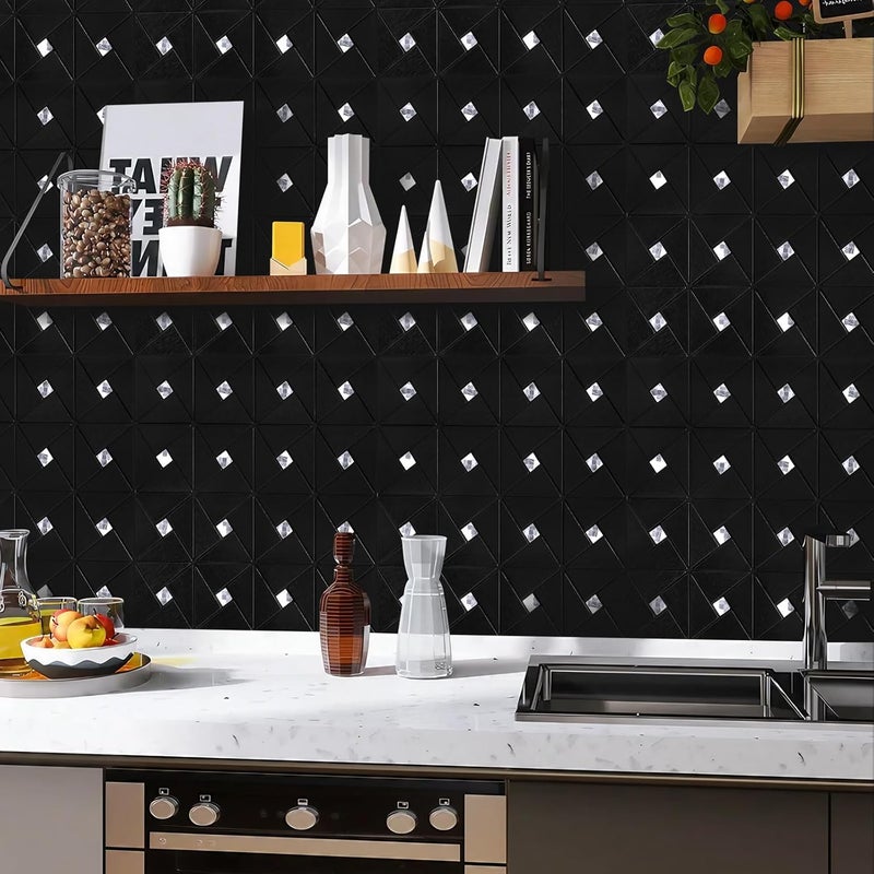 Vamos Tile بلاط خلفية لاصق وقابل للتقشير - بلاط معدني لاصق للخلفية للمطبخ والحمام بتصميم لغز طاحونة الهواء الأسود مختلط من بلاط الموزاييك اللاصق ذاتيًا (12"x12"x10 ورقة) - Image 5